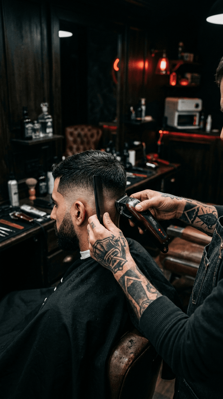 Barber finishing a precision fade with clippers