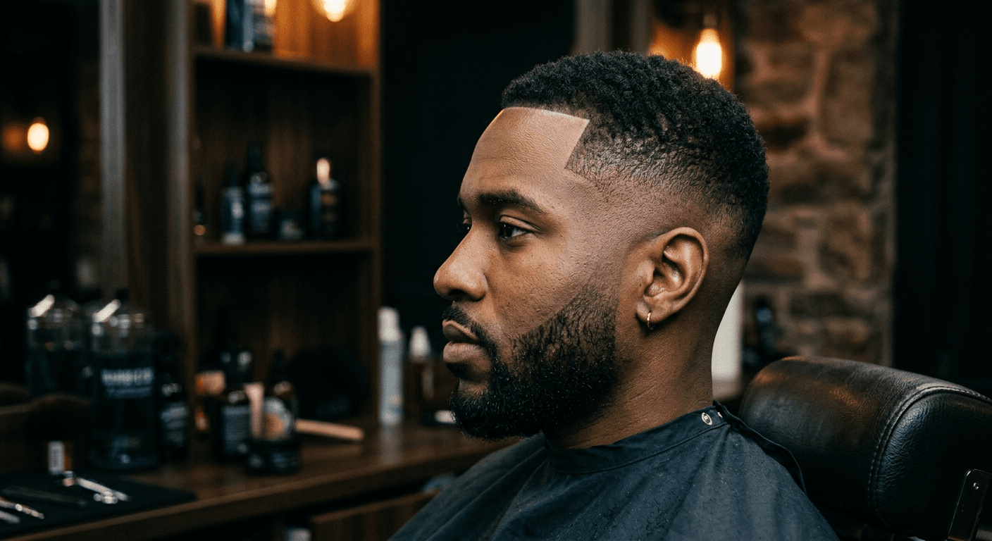 Side profile of a crisp skin fade with a sharp line up