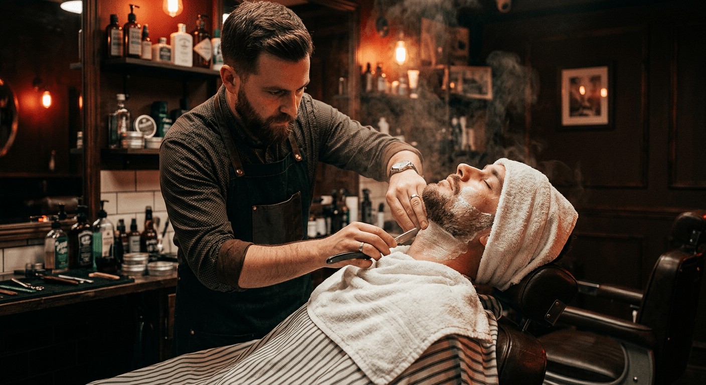 Barber performing a hot towel straight razor shave