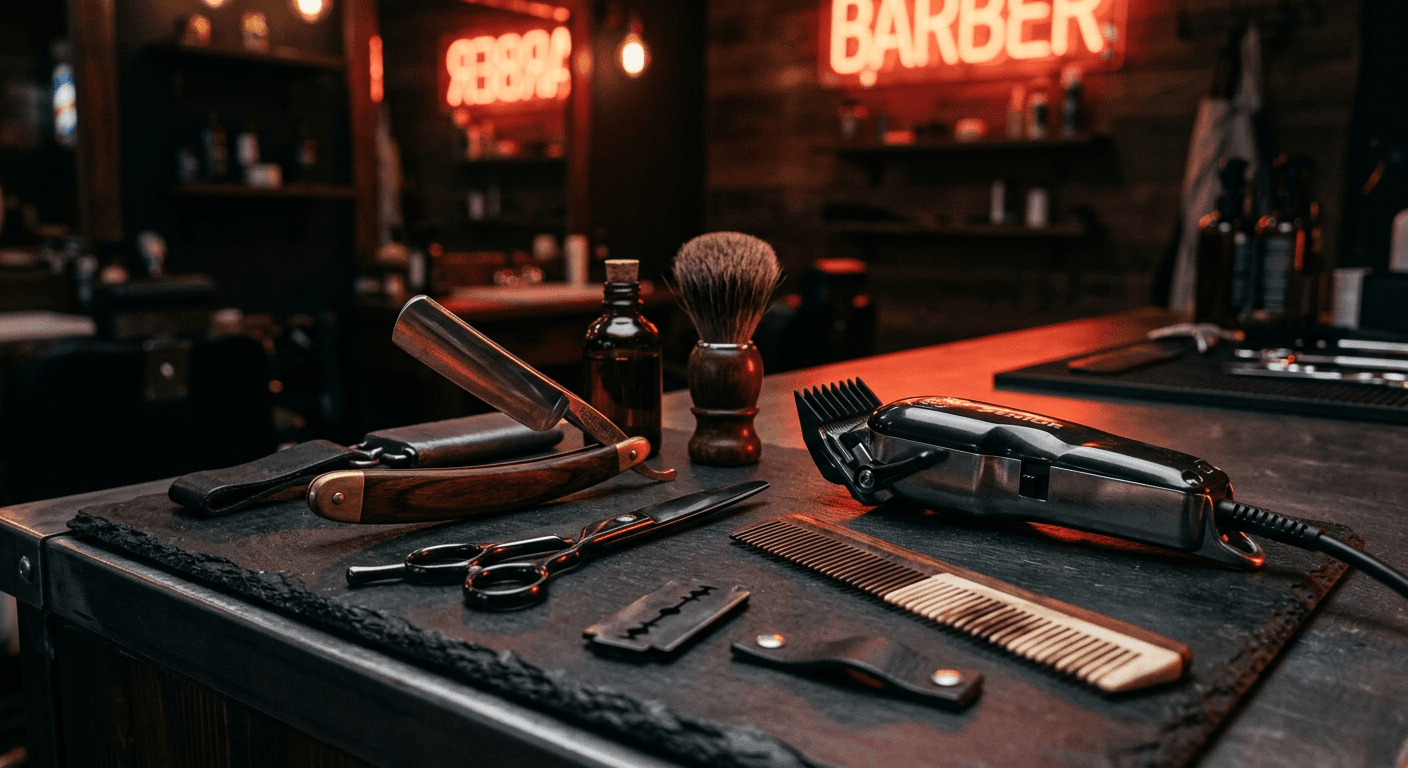 Straight razor, scissors, and clippers on a black counter